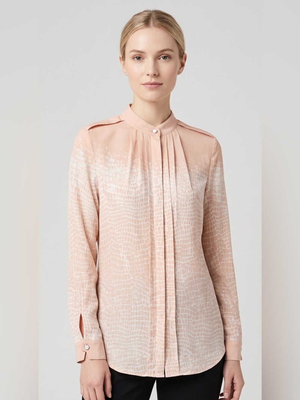 Calvin Klein Blush Pink Pleated Printed Button-Front Blouse
